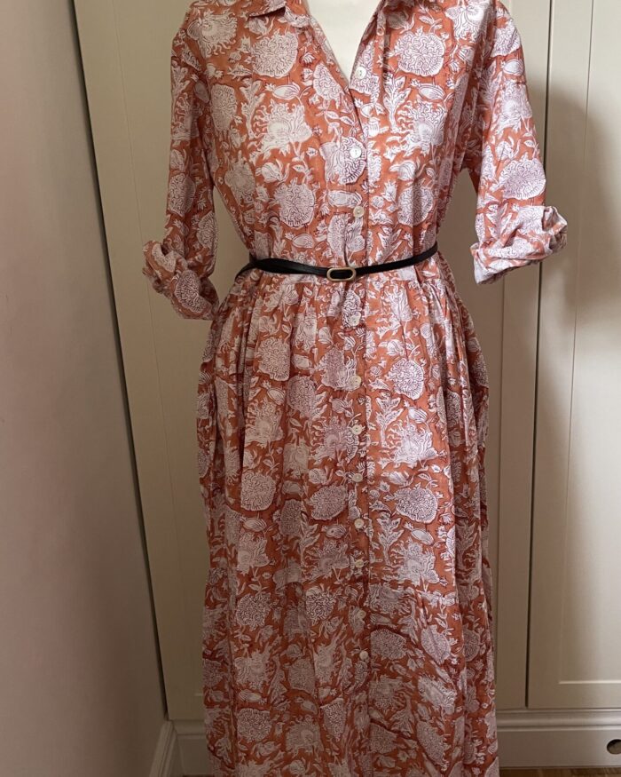 Sukienka bawełniana oversize, pomarańcz - białe kwiaty - SB12